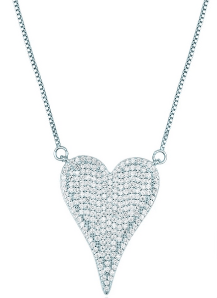 Heart Pendant Box Chain Necklace With Clear Micro CZ Stones