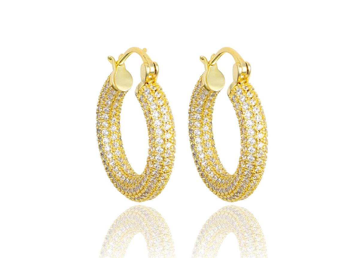 Thick Chunky Lever Back Hoop Earrings With CZ Stones