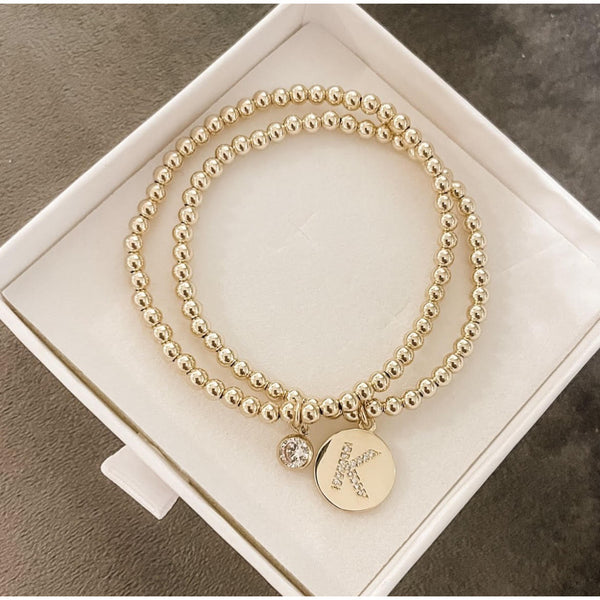 14K Gold Filled 4mm Beaded Bracelet with Alphabet Letter CZ Charm