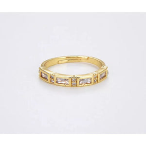 18K Dainty Gold Filled Band Crystal Ring, Baguette CZ Adjustable Ring
