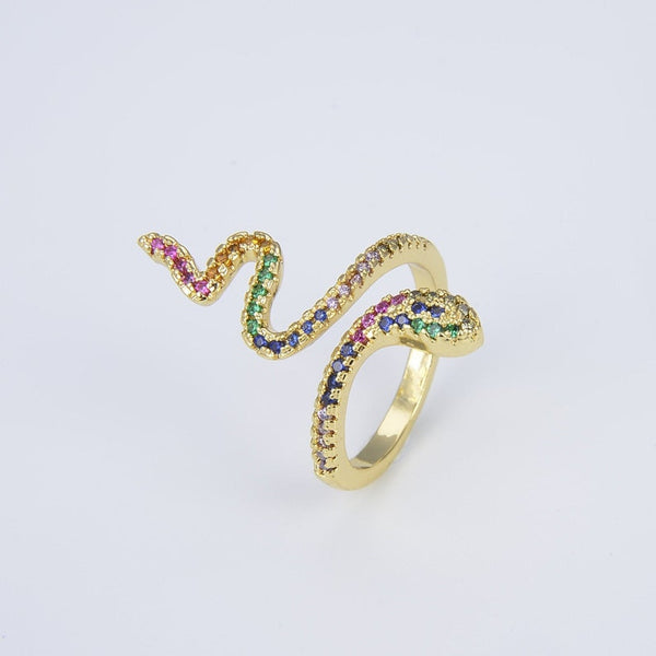 Adjustable CZ Rainbow Snake Ring, 18K Gold Filled