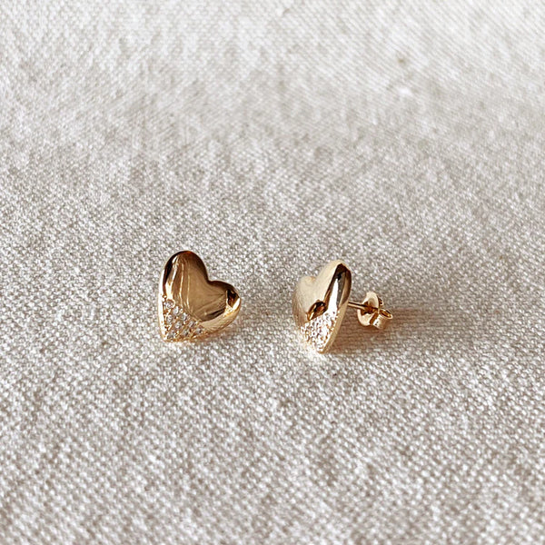 18k Gold Filled Heart Stud Earrings with Cubic Zirconia Stones
