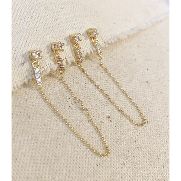 CZ Double Piercing Earrings Connected by Chain