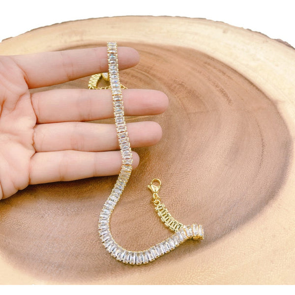 Tennis Baguette CZ Necklace and Bracelet, 18K Gold Filled Square Cubic Zircon Choker Necklace