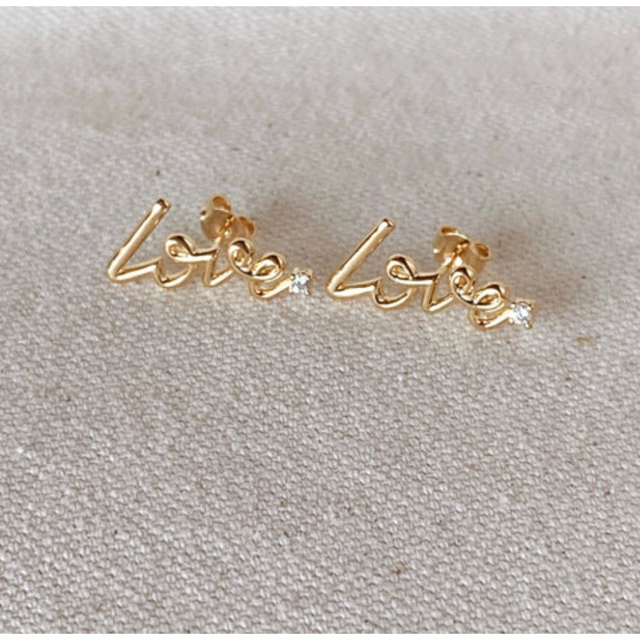 18k Gold Filled Cursive Love Stud With Cubic Zirconia