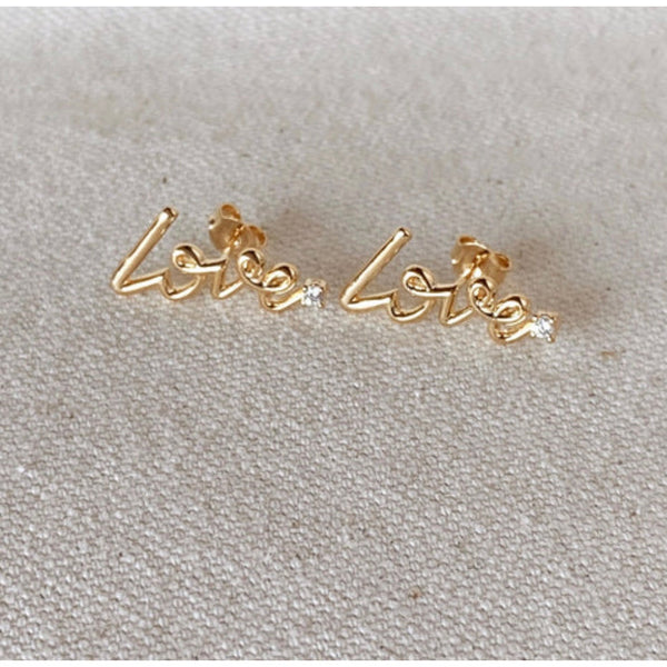 18k Gold Filled Cursive Love Stud With Cubic Zirconia