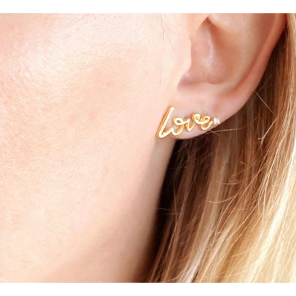 18k Gold Filled Cursive Love Stud With Cubic Zirconia